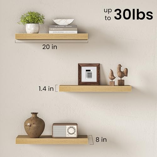 Image of Fun Memories Floating Shelves, 20 Inch Floating Shelves, Wall Mounted Rustic Wood Shelf for Bathroom, Living Room, Bedroom and Kitchen, Hanging Shelf for Storage, Books, Home Decor, Oak - Set of 3