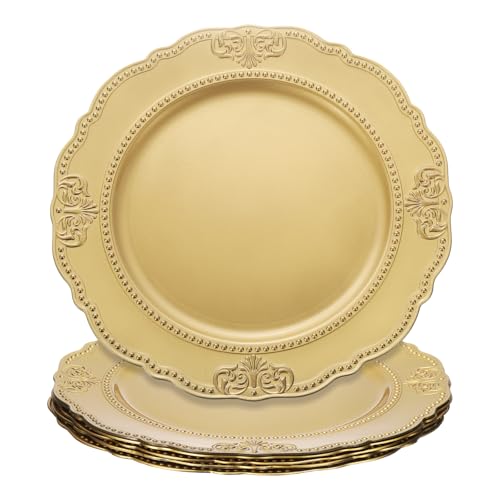 sourcing map 10pcs Gold Charger Plates Bulk, 13 Inch Plastic Chargers for Dinner Plates Set Round Plate Charger for Wedding Party Event Table Setting Decoration