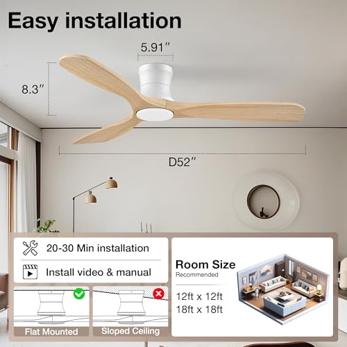 Image of 52 inch Low Profile Wood Ceiling Fans with Lights Remote,Flush Mount,Modern