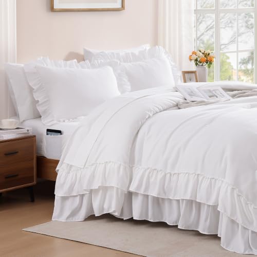 Image of Full Size Comforter Set White Ruffle 7 Pieces Farmhouse Bed in a Bag | Shabby Chic Fluffy All Season Bedding Sets with Sheets, Pillowcases & Shams