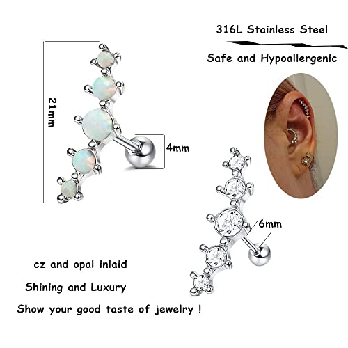 Jerywe 8Pcs 16G Stainless Steel Cartilage Stud Earring For Women Men Flower Opal Cz Helix Conch Daith Tragus Ear Piercing Earrings Jewelry Women Body Piercing Studs #TOP1