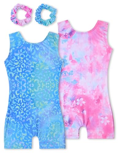 Tstiti Gymnastics Leotards for Girls 2 Pack Sparkly Kids Biketards Dance Unitards Matching Hair Scrunchies