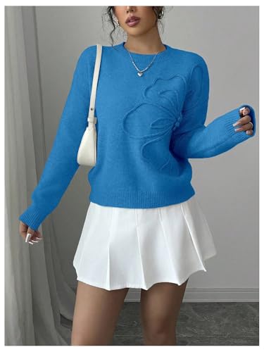Image of RoseSeek Women's 3D Floral Appliques Crewneck Sweaters Long Sleeve Drop Shoulder Pullovers Elegant Knit Tops