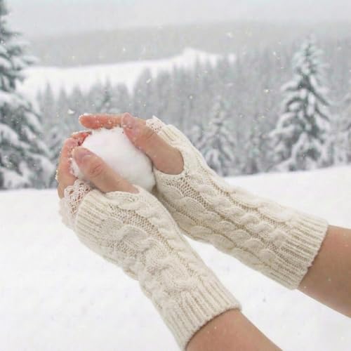 Image of Kraptick Women's Cable Knit Fingerless Gloves - Winter Arm Warmers with Elegant Lace Trim & Thumb Hole - Soft Woolen Thermal Half Finger Mittens for Typing, Driving & Office Work (Free Size, khaki)-1