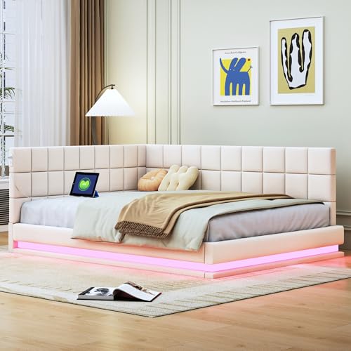 Kayan Polsterbett 140x200 mit LED und USB, Daybett Tagesbett Schlafsofa Multifunktionsbett mit Lattenrost, Hautfreundlicher Samtstoff, Ohne Matratze