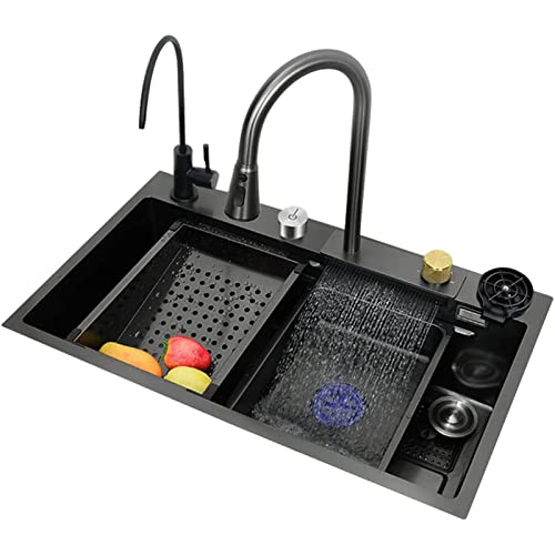 Évier cuisine cascade avec robinet rétractable ensemble complet noir