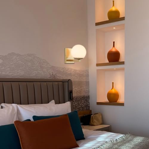 Image of Gold Mid Centry Modern Wall Sconce, Globe Wall Sconce with Frosted Glass Lampshade, Brass Wall Light Fixture for Bedroom Living Room Bathroom Hallway Entryway