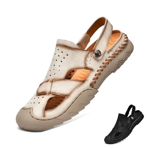 Zeberfi Men's Genuine Leather Closed Toe Fisherman Sandals Casual Outdoor Athletic Handmade Adjustable Slip On Beach Shoes Summer Breathable Comfort Walking Sports Hiking Sandals