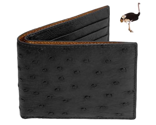 Image of Black Ostrich Double Side Leather Bifold Wallet, RFID Blocking Mens Wallet
