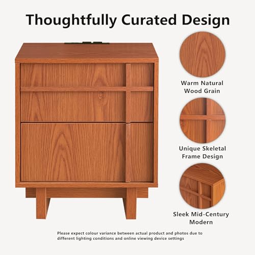Image of Nightstand Set of 2, Bedside Table for Bedroom, End Table | Mid Century Modern, Charging Station, 2 Drawers Storage, Skeleton Line Design, Wood Grain, Minimalist, Cherry