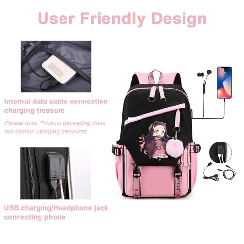 Suteke Mochila anime para laptop, mochila feminina universitária, com porta USB, resistente à água,