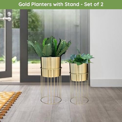 Image of Decorative Gold Metal Planters with Stand for Living Room Modern Indoor Planters and Flower Pots Set of 2 (Gold - Medium & Small)