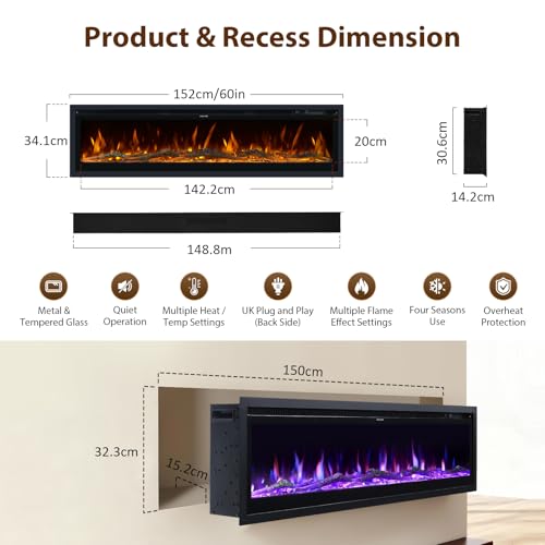 INMOZATA Electric Fire Wall Mounted/Recessed/Freestanding 40in 50in 60in Electric Fireplace with Remote & Touch Screen Control 9 LED Color Flame Effect, 2 Heat Settings 900W&1800W, Crystal & Log Set - Image 3