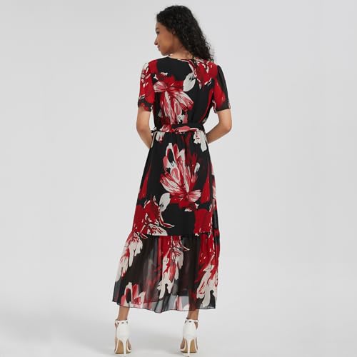 Image of Women's Summer Bohemian Floral Chiffon Dress Cap Sleeve V Neck Ruffle Long Flowy Boho Casual Vacation Dresses