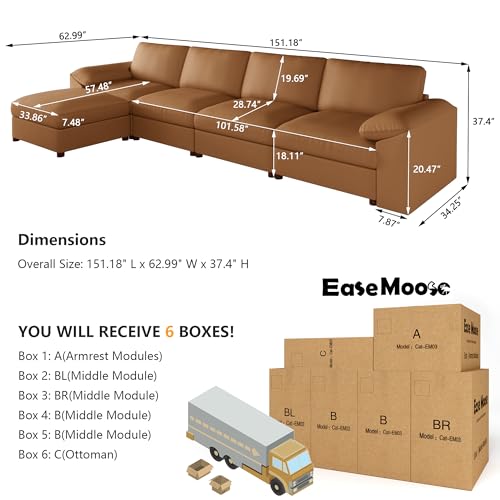 Image of EASE MOOSE Leather Sectional Sofa,Modern Deep Seat Faux Leather Sectional,Extra Large L Shaped Couch,Oversized Modular Sofa,Comfy Scratch Resistant Material,Brown