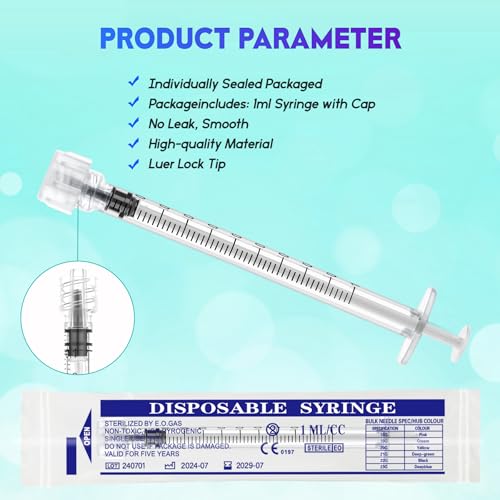 Image of 1ml Syringe without Needle Luer Lock Syringes with Cap, Sterile, 20 Pack