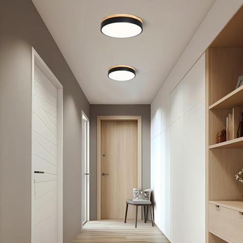 Image of Dimmable LED Wood Black Round Flush Mount Ceiling Light 11.81 Inch
