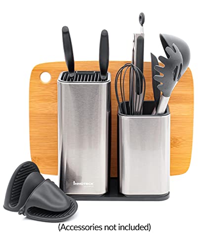 image for Innoteck Essentials 3in1 Stainless Steel Knife Block Plus Utensil Hold