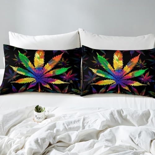 Image of Leaf Children Bed Sheet Set 4 Piece,3D Colors Marijuana Leaves Rainbow Weed Plant,Quality Brushed Microfiber Bedding Set with Flat,Fitted Sheet,2 Pillow Cases,Full