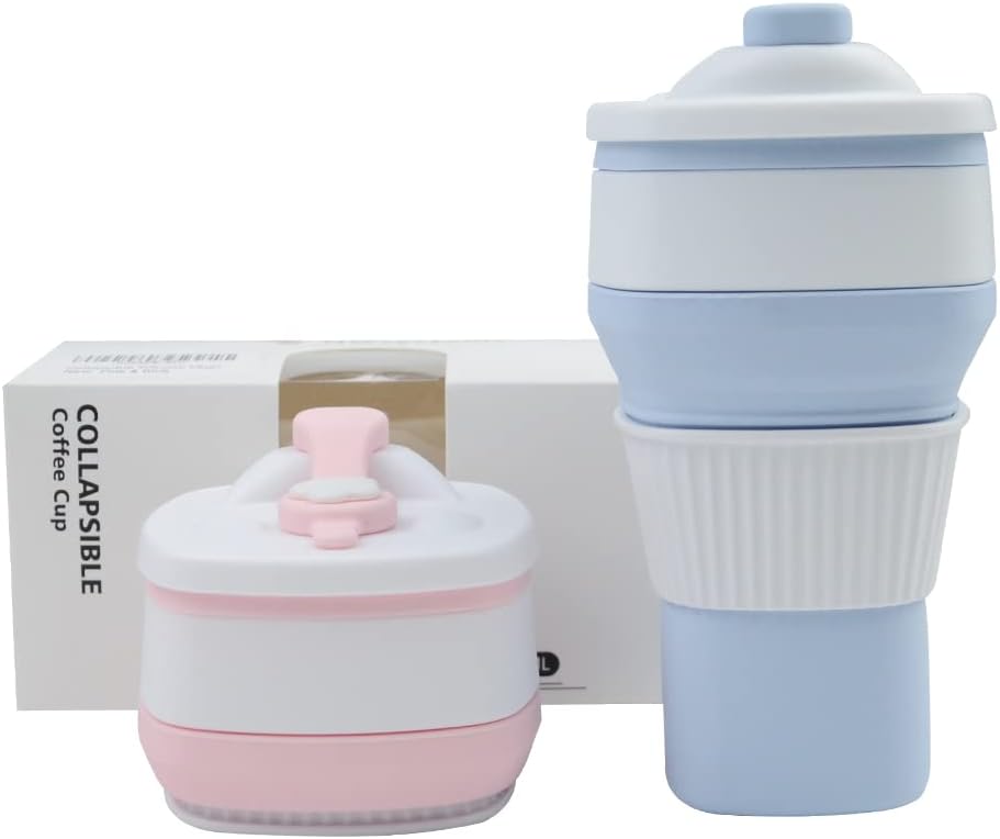 Collapsible Travel Coffee Cups Set of 2 - Silicone Foldable Mugs with Leakproof Lids, BPA Free, Microwave and Dishwasher Safe - 10oz (300ml) for Travel, Office, Camping