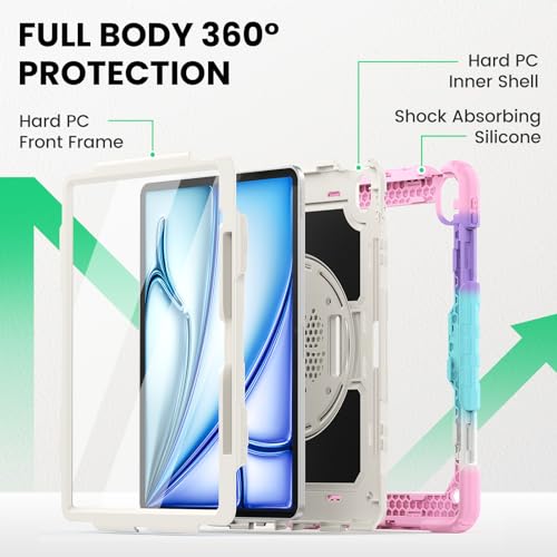 Image of SEYMAC for iPad Air 13 Inch Case M4 / M3 / M2 (2026 /2025 / 2024), Heavy Duty Shockproof Protective Case with Screen Protector, 360 Rotating Stand, Hand /Shoulder Strap and Pen Holder, Colorful Pink