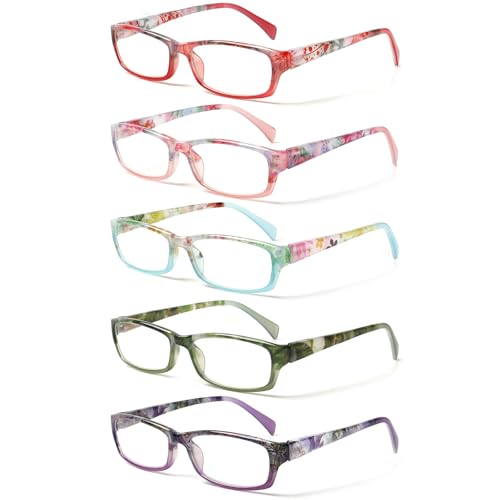 Kerecsen Reading Glasses 5 Pairs Fashion Ladies Readers Spring Hinge with Pattern Print Eyeglasses for Women (Mix Color -8, 1.50)