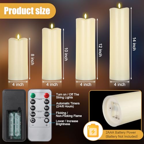 Image of Rossesay 8 inch 10 inch 12 inch 14 inch x 4 inch Large Waterproof Outdoor Flameless Candles, 4 Pcs LED Pillar Candles with Remote and Timers Battery Operated Jumbo Flickering for Home Patio Porch Church Indoor Lanterns