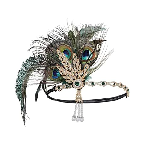 IYOU Peacock Feather Gatsby Headpiece Green Crystal Flapper Headbands Prom Costume Wedding 1920 Hair Accessories for Women (Green) Cover