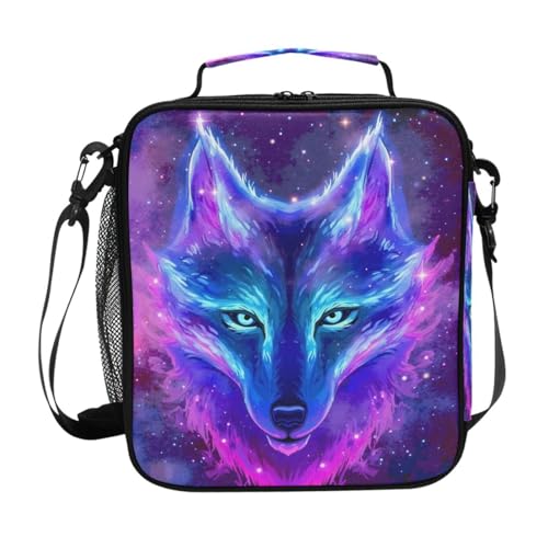 Wolf Galaxy ランチボックス 星空 断熱 ランチバッグ ガールズ ランチ クーラーバッグ トート 冷凍可能 ショルダー ストラップ ランチボックス アニマルプリント 星空 保温 食事 トートキット 女の子 学校 ピクニック（Amazon）