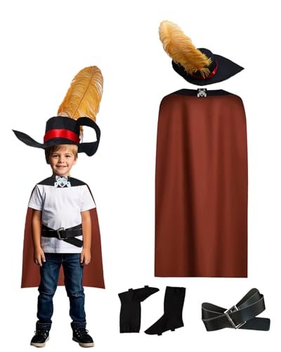 Koongso Kit de fantasia de gato e botas - capa com cinto de chapéu e capa de botas, fantasia de gato mestre de personagens de livro para crianças, fantasia de Halloween, fantasia de pirata ladrão de