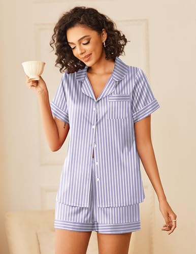 Image of Ekouaer Silk Pajamas for Women Button Down Sleepwear 2 Piece Pjs Shorts Set | Classic Short Sleeve Notch Neck Lounge Set with Pockets,Soft Cute Pj Set,Bridal Gifts,Pajama Party,Maternity Outfits