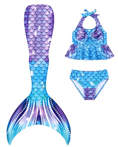 Catálogo de Cola de Sirena Walmart Top 5. 41 Traje de baño de sirena para niñas, 3 piezas, bikini halter con lazo, bonito traje de baño de playa 4-10 años, Azul púrpura, 5-6 Años