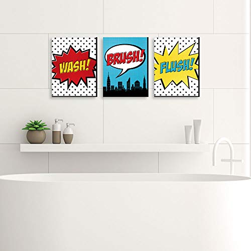 Big Dot of Happiness Bam Superhero - Kids Bathroom Rules Wall Art - 7.5 x 10 inches - Set of 3 Signs - Wash, Brush, Flush
