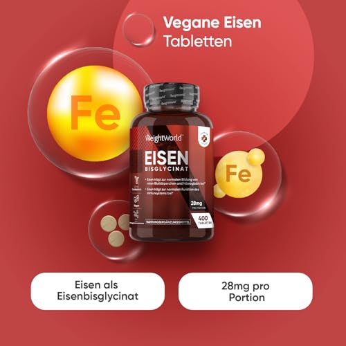 Tablete željeza - 400 veganskih tableta - Željezo doprinosi normalnom metabolizmu energije (EFSA) - 2 tablete po porciji - 28 mg željeza dnevno - opskrba za 6+ mjeseci - željezo bisglicinat - WeightWorld