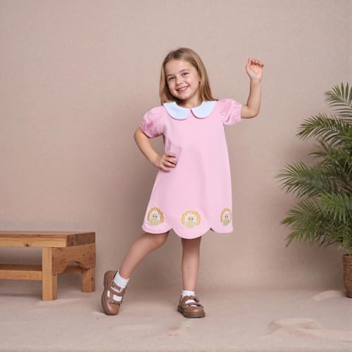 Kids Toddler Baby Girl Thanksgiving Outfit Turkey Embroidery Short Sleeve Peter Pan Collar Dress Clothes Fall3