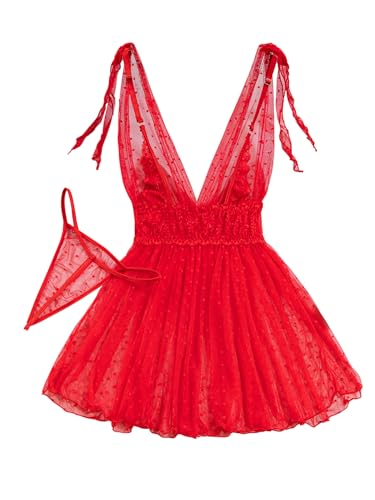 Image of Lilosy Sexy Polka Dots Mesh Sheer Lace Babydoll Chemise Lingerie Set Floral Sleep Wear