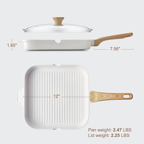 Image of SENSARTE Nonstick Ceramic Grill Pan with Lid, Grill Pan for Stove Tops, Square Grilling Pan with Pour Spouts, Durable Grill Skillet for All Stoves, Steak Bacon Pan, Non Toxic PTFE,PFAS,PFOA Free