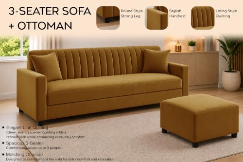 Image of 3 Seater Sofa with Ottoman | Modern Upholstered Couch | Vertical Channel Tufted Backrest | Comfortable Cushioned Seating | Contemporary Sofa Set for Living Room & Office - Golden Color