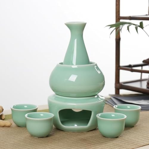 Zxyler 禅風陶磁器日本酒熱燗器セット 熱酒器・冷酒器両用 焼酎/日本酒/ワイン対応 加熱台・暖化碗・酒ボトル・グラス付き 伝統磁器ドリンクウェア 冷たい/暖/熱燗の温度調整可能 伝統酒文化に寄り添うデザイン 家庭用・接待用に最適