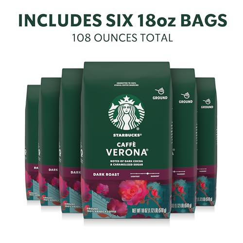 Image of Starbucks Ground Coffee, Dark Roast Hot or Iced Coffee, Caffe Verona, Six 18 oz Bags