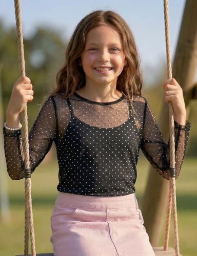 Image of Noomelfish Girls Lace Layering Tops Sheer Mesh Tee Shirts Blouse (5-12 Years)