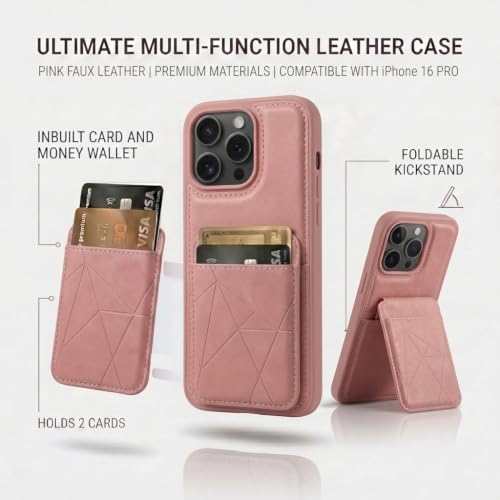 Image of amazon basics Premium Vegan Leather Back Cover with Card Holder and Integrated Mobile Stand for iPhone 16 Pro - Slim Shockproof Wallet Case with Geometric Stitching [Pink]