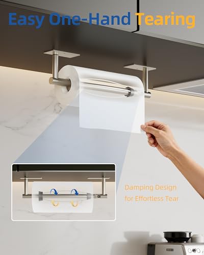Image of RUACQ Paper Towel Holder Under Cabinet, One Hand Tearing Paper Towel Holder with Damping Effect, Wall Mount & Adhesive Stainless Steel Paper Roll Holder for Kitchen Bathroom (Sliver)