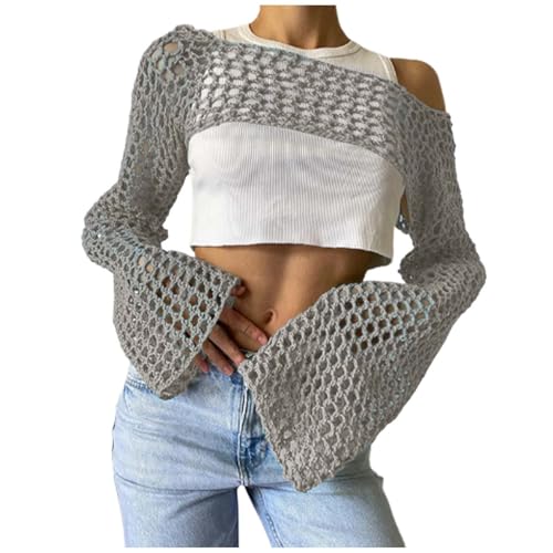 Image of KBOPLEMQ Women's Sexy Hollow Out Crochet Knitted Crop Top Grunge Y2K Long Sleeve Hollow Cover Up Knitted Top Plain Backless Long Flare Sleeve Pullover Smock Top Women Crochet Jumper, O Grey, S