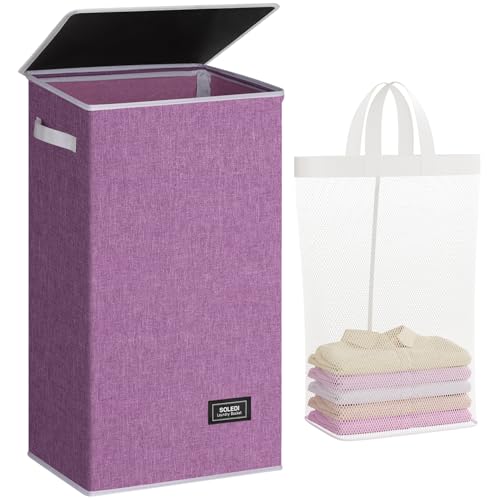 SOLEDI Laundry Hamper with Lid 100L Large & Tall Collapsible Laundry Basket, Clothes Hamper with Bag Removable Easy to Carry, Dirty Hampers for Bedroom, Bathroom, Dorm, College, Purple
