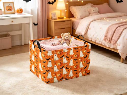 Image of Halloween Basket Cute Baskets for Kids Pumpkin Basket Rectangular Storage Bin Organizer Box Room Decor(Yellow Pumpkin Ghost)