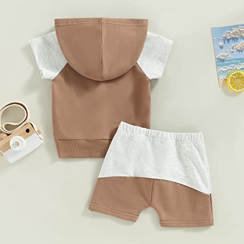 Karesoull Toddler Baby Boy Summer Clothes Set Cotton Hoodie Tops Drawstrings Shorts 0-3 Years Patchwork Outfits (Grey & Coffee, 2-3T) #TOP6
