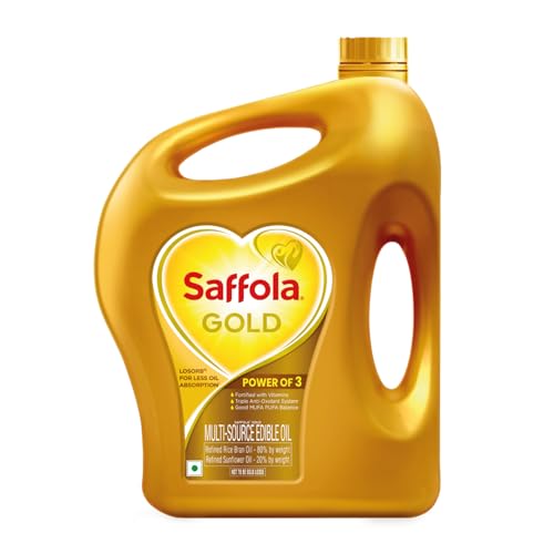 Image of Saffola Gold Refined Cooking oil | Power of 3 - Balance of Good Fats, Triple Anti-Oxidant System & Fortified with Vitamins | Multi-Source Edible Rice Bran & Sunflower Oil | 5 Litre Jar