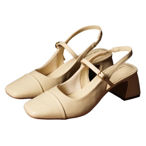 Image of Theater Women Twiggy Mary Jane Block Heel Sandals with Square Toe and Adjustable Buckle Slingback | Cushioned Comfort for Office & Formal Wear