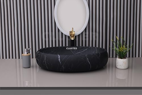 Image of CLUSTER Designer Glossy Ceramic Table Top Wash Basin For Bathroom | Countertop Bathroom Sink For Livingroom, Resturant Decor, Oval Shape (24 x 16 x 6 inch)